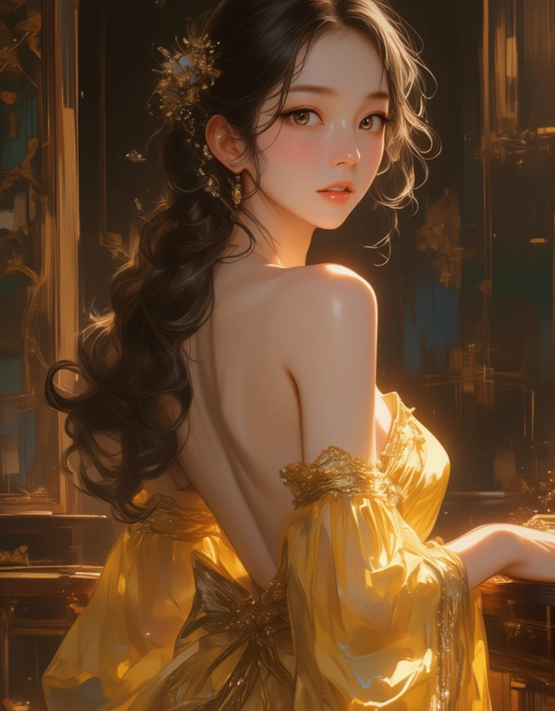 (best quality,4k,8k,highres,masterpiece:1.2),ultra-detailed,(realistic,photorealistic,photo-realistic:1.37),beautiful woman wearing a backless dress, detailed face, beautiful eyes, detailed lips, long eyelashes, flowing hair, elegant posture, soft lighting, warm color tones, dramatic lighting, cinematic composition, renaissance style, oil painting. abstract