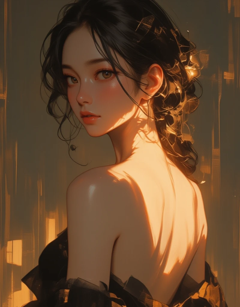 (best quality,4k,8k,highres,masterpiece:1.2),ultra-detailed,(realistic,photorealistic,photo-realistic:1.37),beautiful woman wearing a backless dress, detailed face, beautiful eyes, detailed lips, long eyelashes, flowing hair, elegant posture, soft lighting, warm color tones, dramatic lighting, cinematic composition, renaissance style, oil painting. abstract