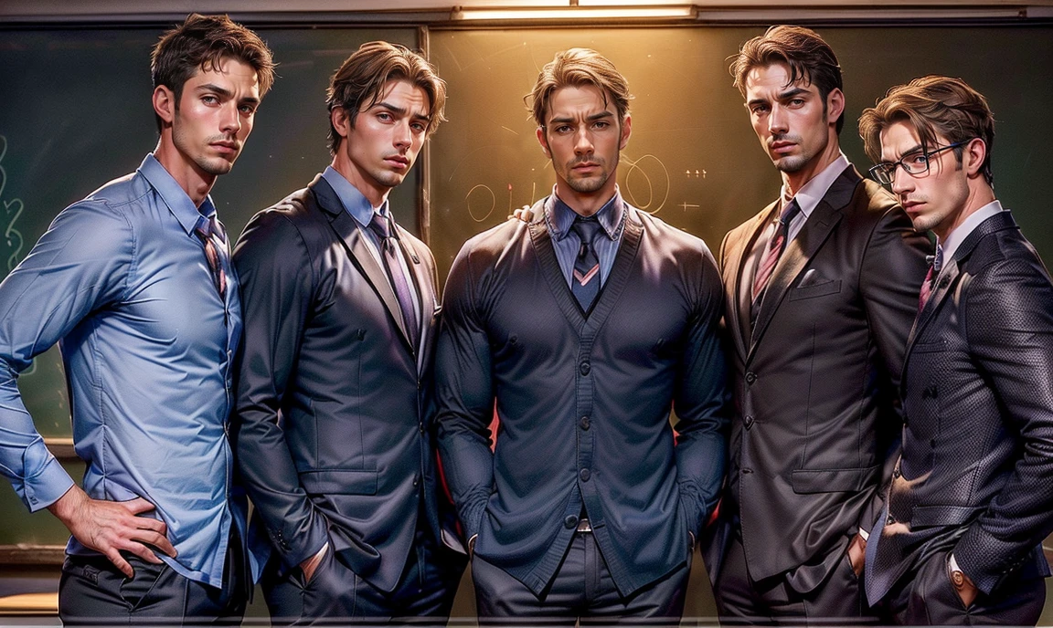 realistic, three men orientated in the very middle of the picture. (((three gorgeous adult male school-teachers standing close clustered together who have very different faces & appearances:1.5))). Math teacher, English teacher, Sports teacher. standing close together at school.
