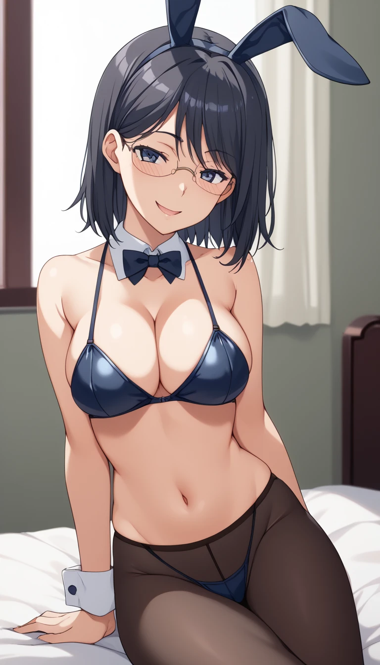 (masterpiece, highest quality, High resolution),(beautiful face:1.2), morning, anime,(medium hair:1.3), (black hair, blue eyes, Glasses,:1.3),(vivid color,bright light),(Aesthetic Anime Eyes:1.2),slender,straight hair,(nsfw),(black underwear:1.4),(luxury underwear:1.3),(26 years old:1.2),(large breasts:1.4),cleavage, indoors, sitting,spread my legs, smile,blush, open your mouth a little, Thigh,,embarrassing,(black underwear:1.4),