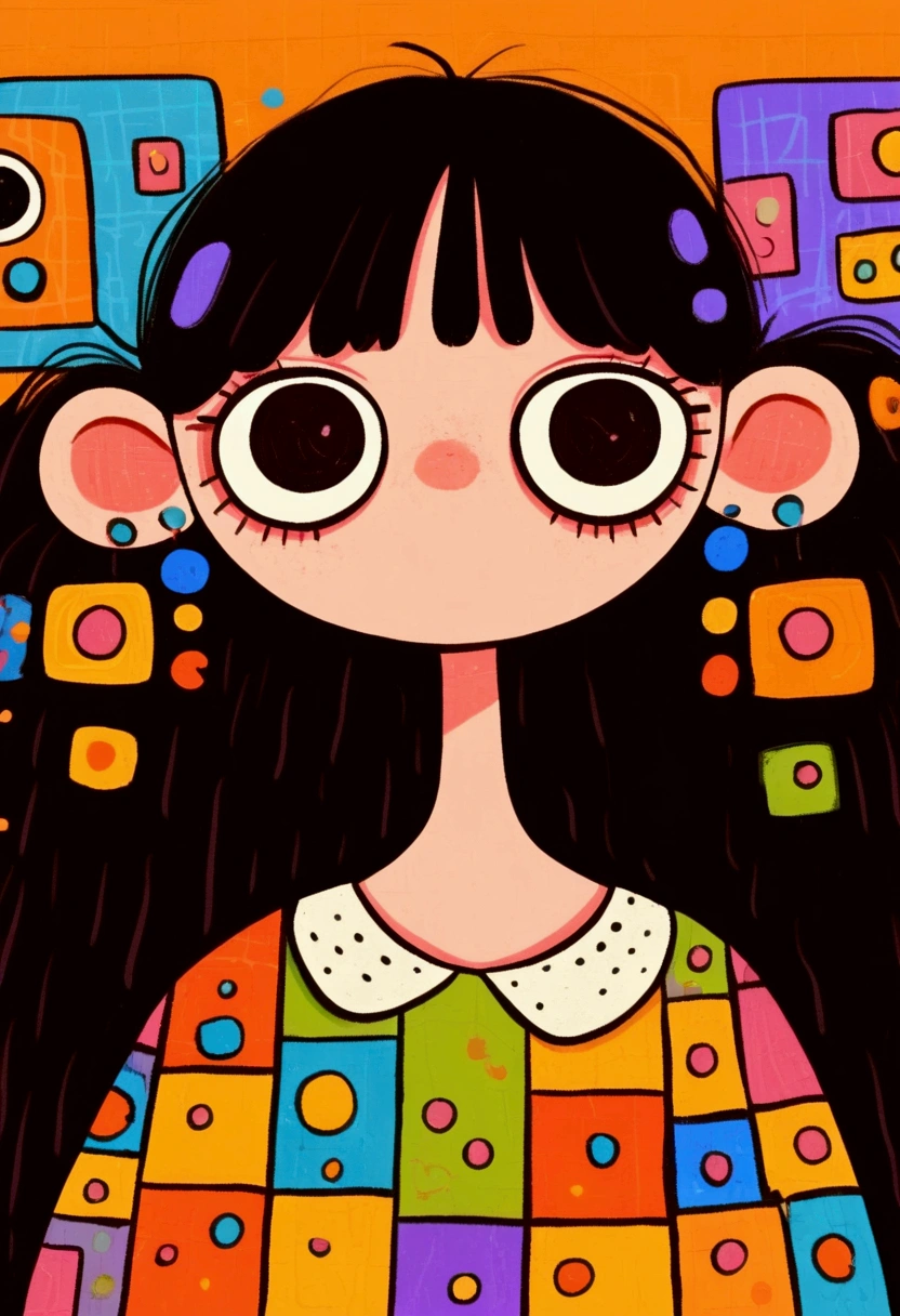 Flat wind，vector， childish art cartoon ， brunette big earrings anime girl, big eyes， Lovely expression ， bangs， minimalism，Blouse with a large collar，Patchwork，Lovely art style,  colorful! Digital illustration style, Mathematical Art.  colorful comic,   hand-drawn cartoon art style， solid color background，Black Line