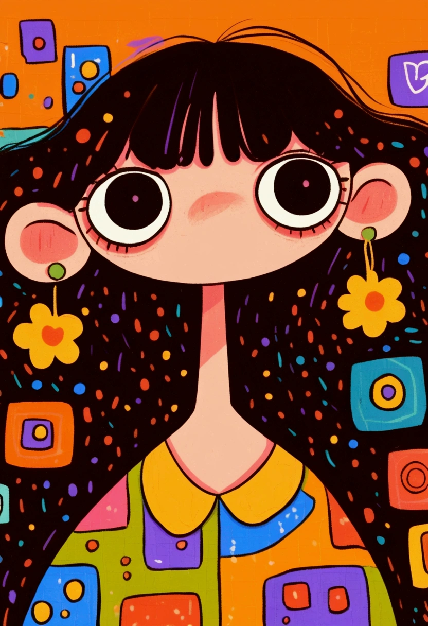 Flat wind，vector， childish art cartoon ， brunette big earrings anime girl, big eyes， Lovely expression ， bangs， minimalism，Blouse with a large collar，Patchwork，Lovely art style,  colorful! Digital illustration style, Mathematical Art.  colorful comic,   hand-drawn cartoon art style， solid color background，Black Line