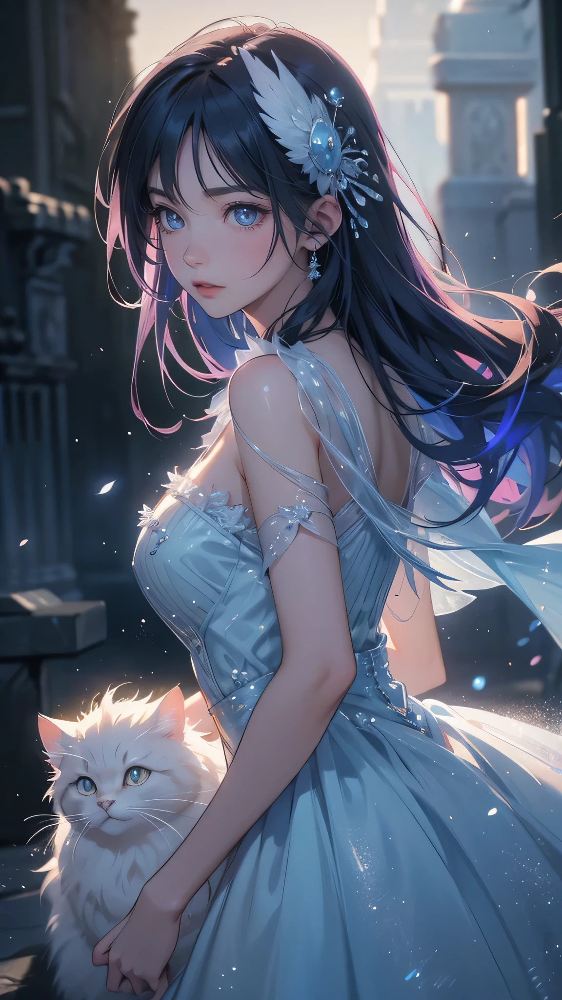 A beautiful fairy trapped in a frosted, fluffy ice bubble, with a fluffy cat and a bird, realistic comic art oil painting style, detailed facial features, detailed clothing, detailed environment, volumetric lighting, dramatic shadows, vibrant colors, cinematic composition