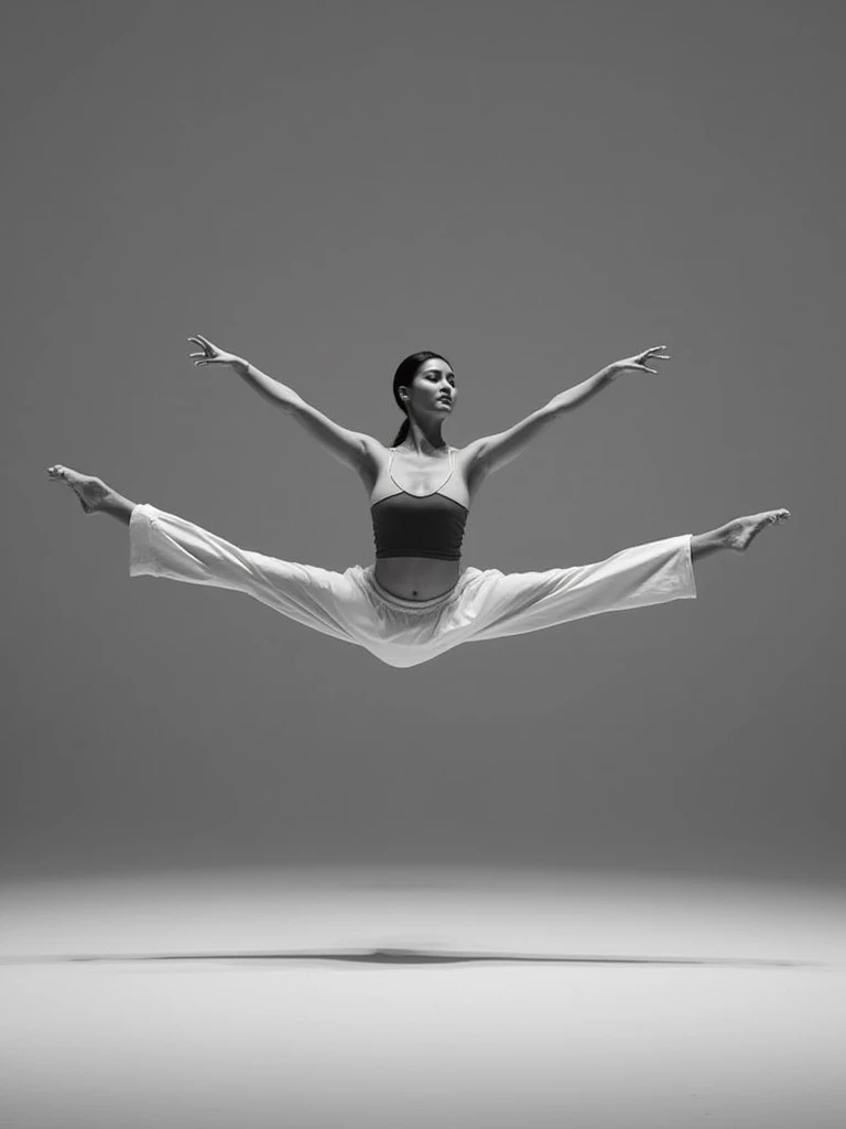 Depict a graceful woman performing a full-body split, her legs extended in opposite directions, forming a perfectly straight line along the floor. Her front leg points forward with a perfectly pointed toe, while her back leg stretches behind, showcasing impeccable flexibility. Her hips remain square and aligned, emphasizing the elegance and precision of the pose. The stretch highlights the musculature and control required for the movement, with her torso upright and her arms outstretched gracefully to complement the symmetry of the split.