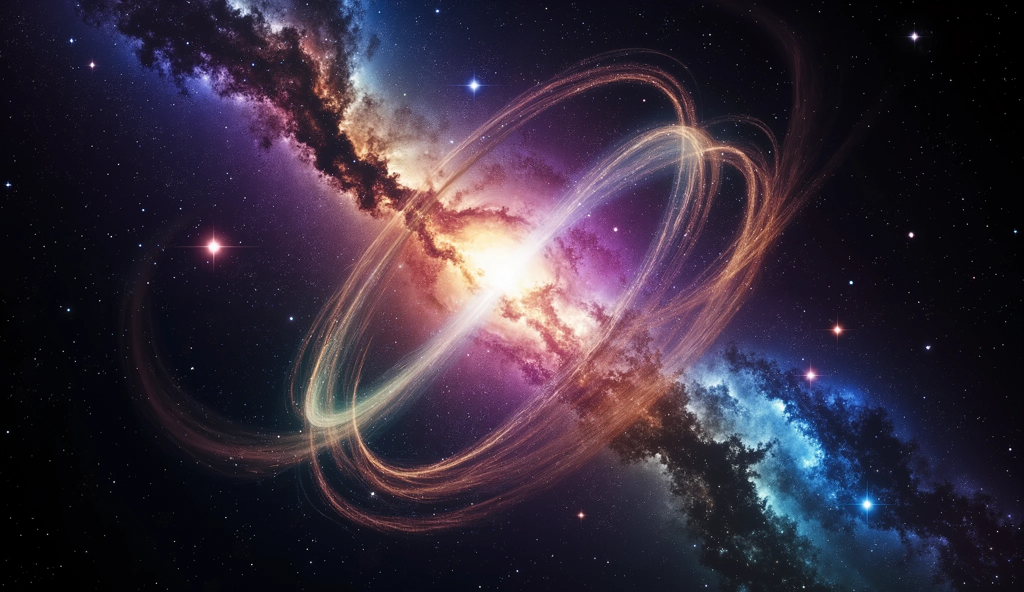 Triple overlapping ring-shaped nebula，The blue Milky Way，Nebula Fog， Digital Art by  ，Gold Sparkle，Very beautiful digital art,  4K high resolution digital art , Magical energy swirling softly ，Magic Whirlwind，Dreamlike art,  complex and glamorous anime CGI style 、 super high image quality, Ultra Fine, High Quality ,Spectacular views,Night Sky,8K quality, outer space ,Stars that fill the whole sky 々,View the galaxy from the front ,( Two galaxies cross to form an X shape ), swirling nebulae and supermassive galaxies ,  spiral galaxies with many turns , Vast Dark Universe ,  colorful gaseous nebulae,Infinite stars々, Quasars Shining in the Distance , Nebula shining in purple, blue, red, gold, green, silver, and pink,plasma, an uncountable number of huge stars.遠くに別の銀河 visible ,Massive stars in a spectacular galaxy々 visible ,A galaxy with 100 billion stars ,(Two galaxies intersect ), cobalt blue and ultramarine,
