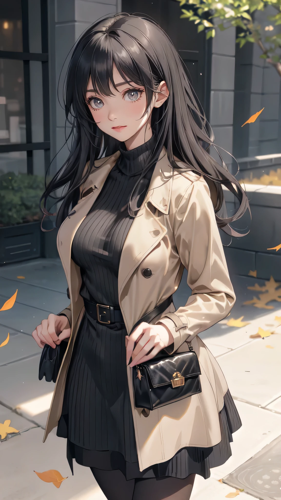 1lady solo, mature female, /(Black hair/) bangs, Gray eyes,blush kind smile,  /(trench coat ribbed sweater pantyhose/), (masterpiece best quality:1.2) ultra-detailed, medium breasts, park fallen leaves