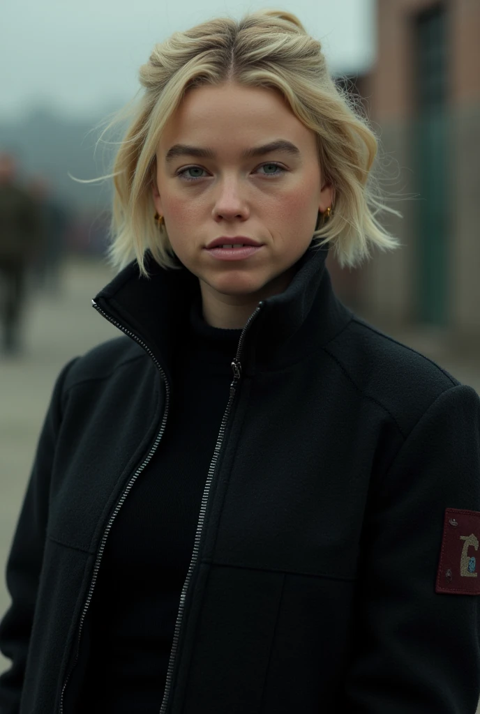 Milly Alcock, blonde short ponytail,black wool zip-up pullover, in a military base 