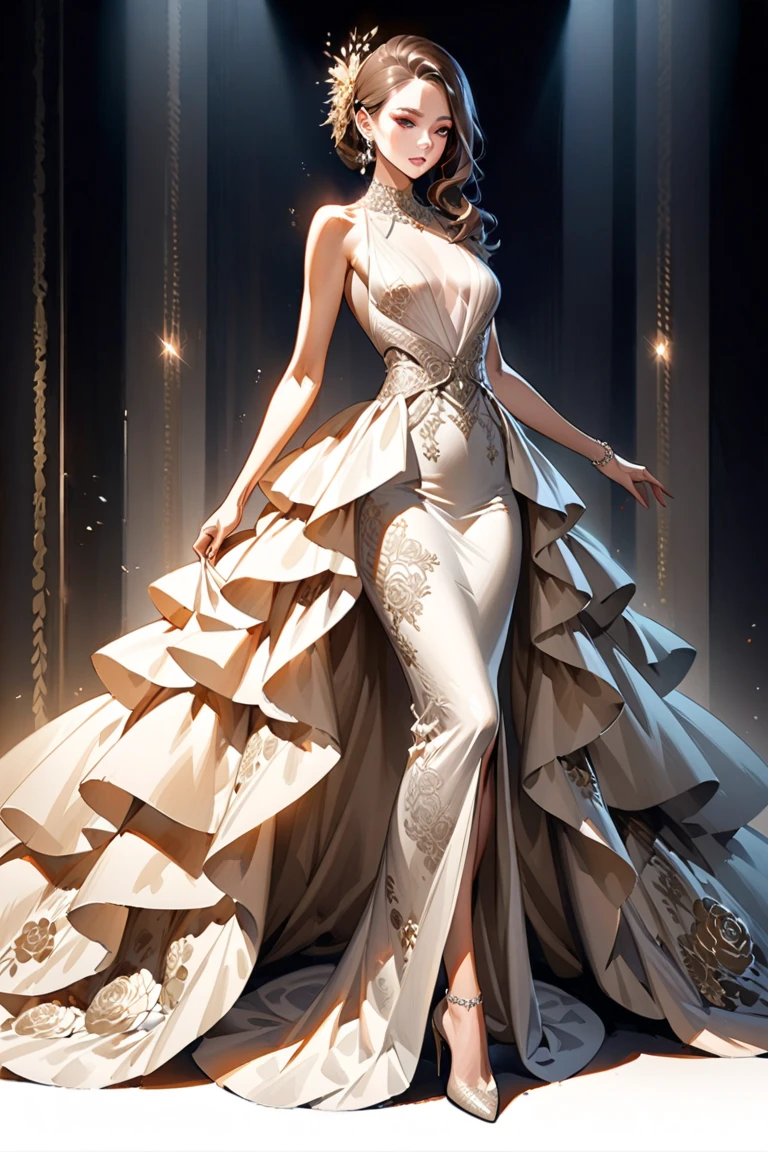 A 25-year-old woman with a flawless, sculpted physique that radiates elegance and grace. She is dressed in a full-length, luxurious silk gown adorned with intricate, masterpiece-level patterns. The gown drapes perfectly over her body, highlighting every curve with a mesmerizing flow. The silk fabric shimmers with a soft glow, and the detailed patterns on the gown add an extra layer of sophistication. The entire scene is depicted in a highly realistic style, showcasing her stunning beauty and allure with impeccable detail, creating an image that is both captivating and lifelike
