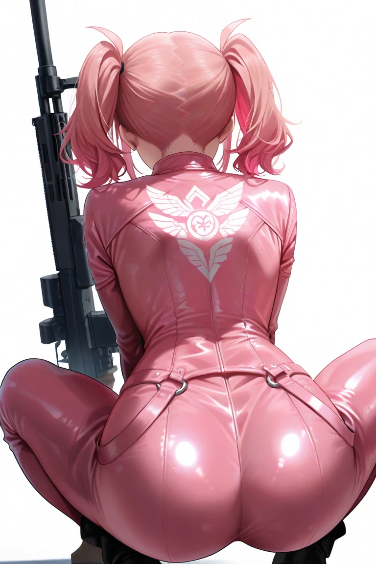  one girl　soldier　LOL　Look away pink hair 　 twin tails　 pink leather suit holding an automatic rifle with both hands　( squats)　(( Back View ))  Completely white background  