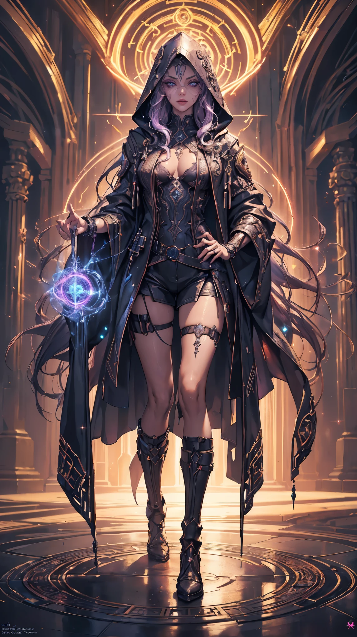 A young girl wizard in cyberpunk style, standing, full body,(masterpiece:1.2, best quality, realistic, raw photo, realism, ultra beautiful digital art, perfect anatomy, fantasy art, ultra detailed, incredibly absurdres, perfect depiction of fingers and hands), (detailed sexy face, detailed narrow sharp eyes, beautiful makeup, long eyelashes, juicy lips, high resolution, detailed depictions of beautiful face), (long hair, wavy), woman in a futuristic, (wearing a hooded intricate mechanical robe with ornate runes, glowing runes on her robe , sexy thigh, short pants, exposed clothes), BREAK (the wizard is generating lightning bowls by ancient magic, much aura), techno-organic circlet, with vibrant orange accents and a purple aura, striking a dramatic, cyberwizard