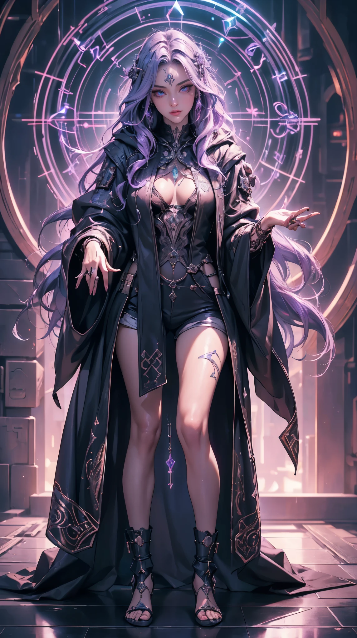 A young girl wizard in cyberpunk style, standing, full body,(masterpiece:1.2, best quality, realistic, raw photo, realism, ultra beautiful digital art, perfect anatomy, fantasy art, ultra detailed, incredibly absurdres, perfect depiction of fingers and hands), (detailed sexy face, detailed narrow sharp eyes, beautiful makeup, long eyelashes, juicy lips, high resolution, detailed depictions of beautiful face), (long hair, wavy), woman in a futuristic, (wearing a hooded intricate mechanical robe with ornate runes, glowing runes on her robe , sexy thigh, short pants, exposed clothes), BREAK (the wizard is generating lightning bowls by ancient magic, much aura), techno-organic circlet, with vibrant orange accents and a purple aura, striking a dramatic, cyberwizard