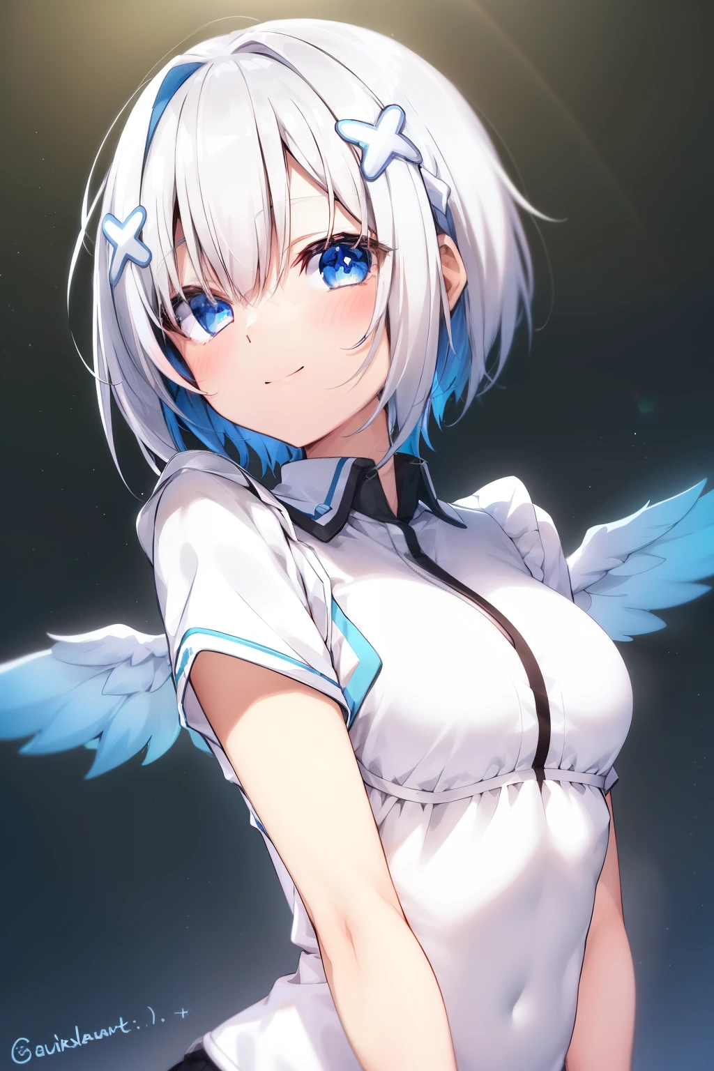 (Masterpiece), (Top quality), 1 girl, upper body, happy, backlit, _style, white hair, neon palette, shading, rainbow, short hair, light blue eyes, white skin, gamer clothes, small breasts, simple white background ,