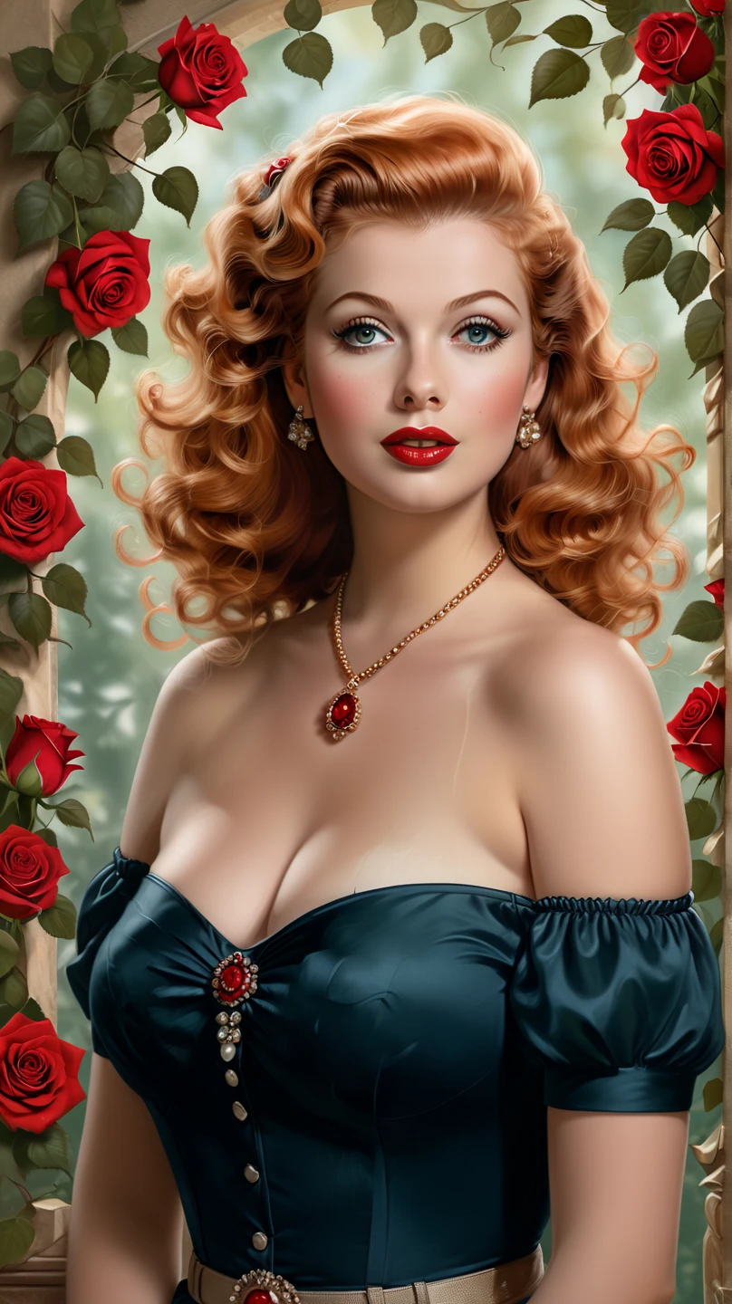 Create a highly detailed and realistic portrait of a chubby young Lucille Ball with long, wavy red hair adorned with red roses. She has striking, expressive eyes and a calm, composed expression. She is wearing a vintage-style outfit with a necklace featuring a pendant. The background is a soft-focus natural setting with warm, dappled sunlight filtering through the leaves, enhancing the serene and romantic atmosphere. The style should be hyper-realistic with a touch of romanticism. Photo Realistic photo, vibrant colors, 16k. Plus size woman. Chubby. Plumper. Fullbody. Full body view. Ganzkörperaufnahme. Kamera is 20 Feet back from the woman.