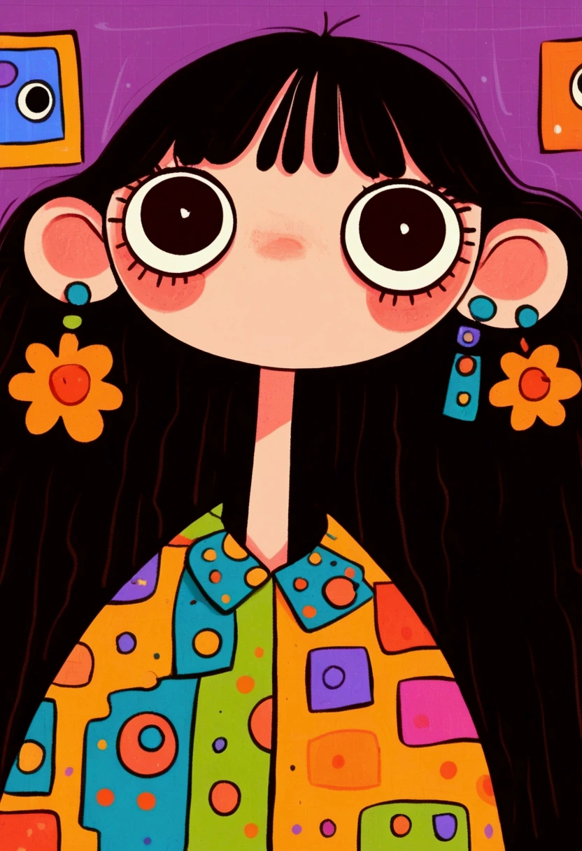 Flat wind，vector， childish art cartoon ， brunette big earrings anime girl, big eyes， Lovely expression ， bangs， minimalism，Blouse with a large collar，Patchwork，Lovely art style,  colorful! Digital illustration style, Mathematical Art.  colorful comic,   hand-drawn cartoon art style， solid color background，Black Line