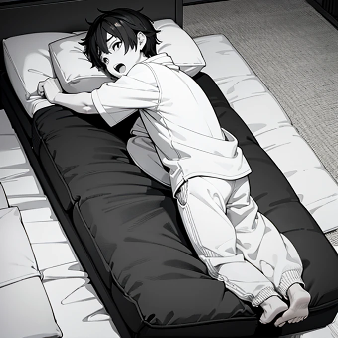  black and white、 Line Art、The boy was surprised to get inside the futon