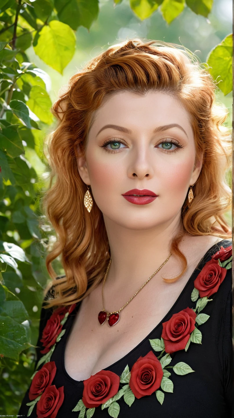 Create a highly detailed and realistic portrait of a young Lucille Ball with long, wavy red hair adorned with red roses. She has striking, expressive eyes and a calm, composed expression. She is wearing a vintage-style outfit with a necklace featuring a pendant. The background is a soft-focus natural setting with warm, dappled sunlight filtering through the leaves, enhancing the serene and romantic atmosphere. The style should be hyper-realistic with a touch of romanticism. Photo Realistic photo, vibrant colors, 16k. Plus size woman. Chubby. Plumper. Fullbody. Full body view. Ganzkörperaufnahme. 