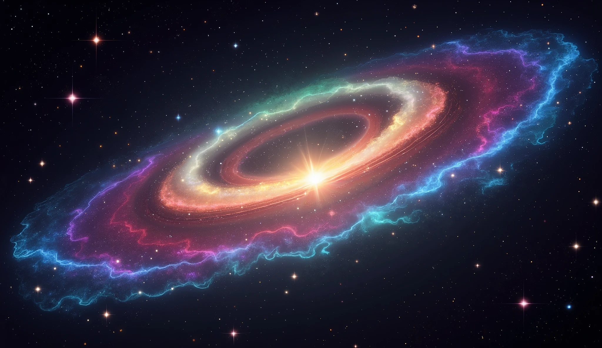 Triple overlapping ring-shaped nebula，The blue Milky Way，Nebula Fog， Digital Art by  ，Gold Sparkle，Very beautiful digital art,  4K high resolution digital art , Magical energy swirling softly ，Magic Whirlwind，Dreamlike art,  complex and glamorous anime CGI style 、 super high image quality, Ultra Fine, High Quality ,Spectacular views,Night Sky,8K quality, outer space ,Stars that fill the whole sky 々,View the galaxy from the front ,( Two galaxies cross to form an X shape ), swirling nebulae and supermassive galaxies ,  spiral galaxies with many turns , Vast Dark Universe ,  colorful gaseous nebulae,Infinite stars々, Quasars Shining in the Distance , Nebula shining in purple, blue, red, gold, green, silver, and pink,plasma, an uncountable number of huge stars.遠くに別の銀河 visible ,Massive stars in a spectacular galaxy々 visible ,A galaxy with 100 billion stars ,(Two galaxies intersect ), cobalt blue and ultramarine,
