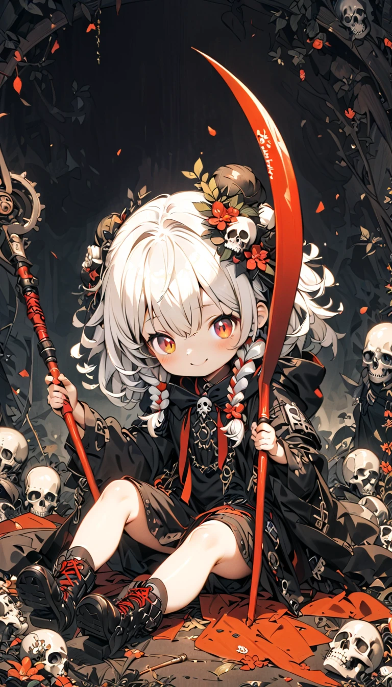 Alone,1 Female\(grim Reaper, cute,Cute,Age 10, hair color is white ,  hair with braids, messy hair,Eye color is dark, big eyes, white skin, big smile,enjoy, full body,grim Reaperの黒いローブを着て,( black hood ),Hold a sickle,skip, flower hair ornament with bun head ,White Hair,(Body transparent:0.8)\),background\((Black Sky:1.5),Skull on the ground , dead flowers scattered on the ground ,red water\), break ,quality\(8k,極めて精細なCGユニットのwallpaper, ​masterpiece, high res,top-quality,top-quality real texture skin, surrealistic, increase resolution , RAW photo,最高のquality, very detailed,wallpaper\)