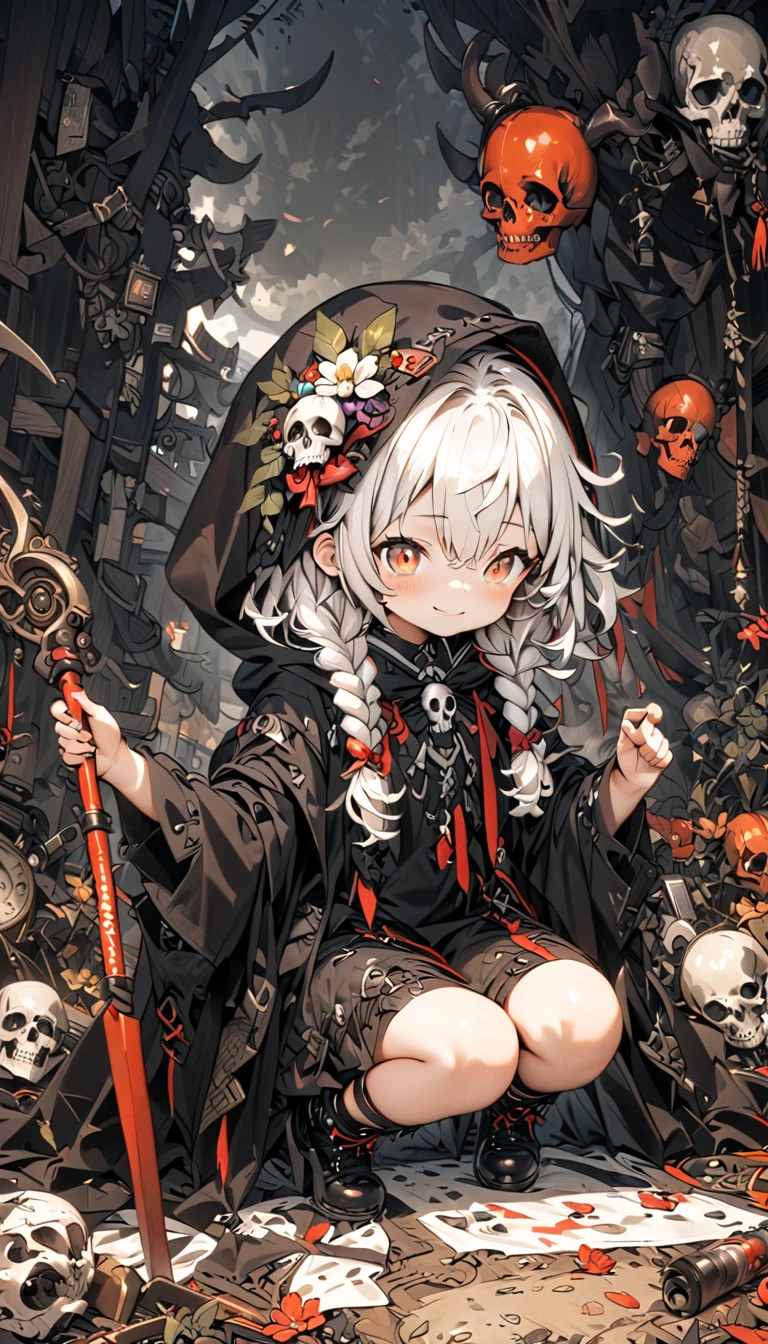 Alone,1 Female\(grim Reaper, cute,Cute,Age 10, hair color is white ,  hair with braids, messy hair,Eye color is dark, big eyes, white skin, big smile,enjoy, full body,grim Reaperの黒いローブを着て,( black hood ),Hold a sickle,skip, flower hair ornament with bun head ,White Hair,(Body transparent:0.8)\),background\((Black Sky:1.5),Skull on the ground , dead flowers scattered on the ground ,red water\), break ,quality\(8k,極めて精細なCGユニットのwallpaper, ​masterpiece, high res,top-quality,top-quality real texture skin, surrealistic, increase resolution , RAW photo,最高のquality, very detailed,wallpaper\)