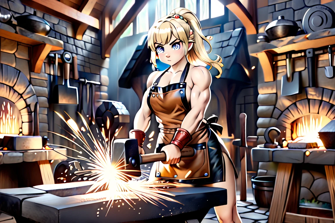 (masterpiece), best quality, expressive eyes, perfect face. Dwarven blacksmith girl, blonde tied up, ((petite muscular body))((busty firm breasts))(((twelve years old))) (petite, , loli, shortstack) naked apron, leather apron, anvil and hammer, ((hammering iron, smithy, workshop, sparks, forge,))full body view low angle. Hammering motion. 