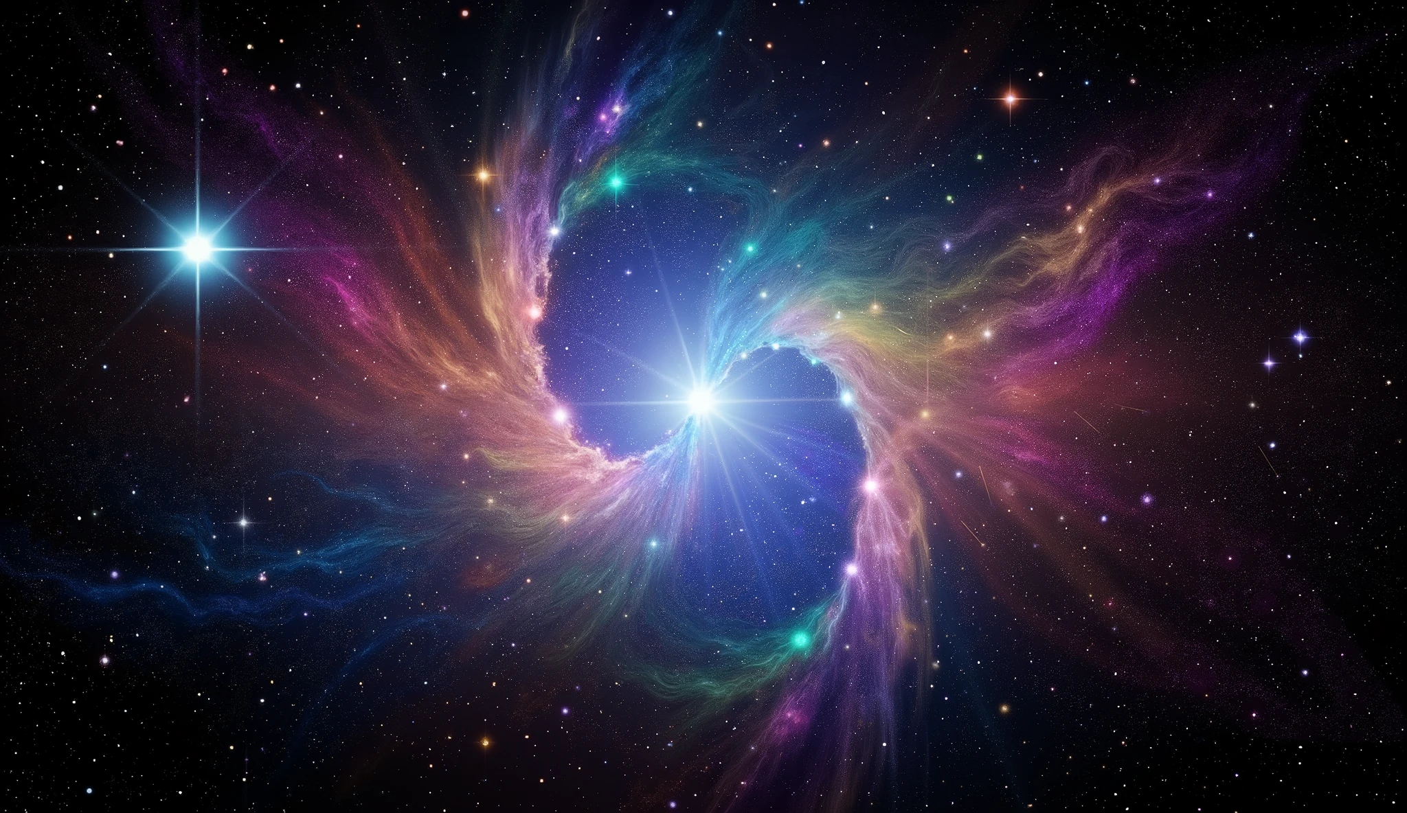 Triple overlapping ring-shaped nebula,The blue Milky Way,Nebula Fog, Digital Art by ,Gold Sparkle,Very beautiful digital art, 4K high resolution digital art , Magical energy swirling softly ,Magic Whirlwind,Dreamlike art, complex and glamorous anime CGI style 、 super high image quality, Ultra Fine, High Quality ,Spectacular views,Night Sky,8K quality, outer space ,Stars that fill the whole sky 々,View the galaxy from the front ,( Two galaxies cross to form an X shape ), swirling nebulae and supermassive galaxies , spiral galaxies with many turns , Vast Dark Universe , colorful gaseous nebulae,Infinite stars々, Quasars Shining in the Distance , Nebula shining in purple, blue, red, gold, green, silver, and pink,plasma, an uncountable number of huge stars.遠くに別の銀河 visible ,Massive stars in a spectacular galaxy々 visible ,A galaxy with 100 billion stars ,(Two galaxies intersect ), cobalt blue and ultramarine,