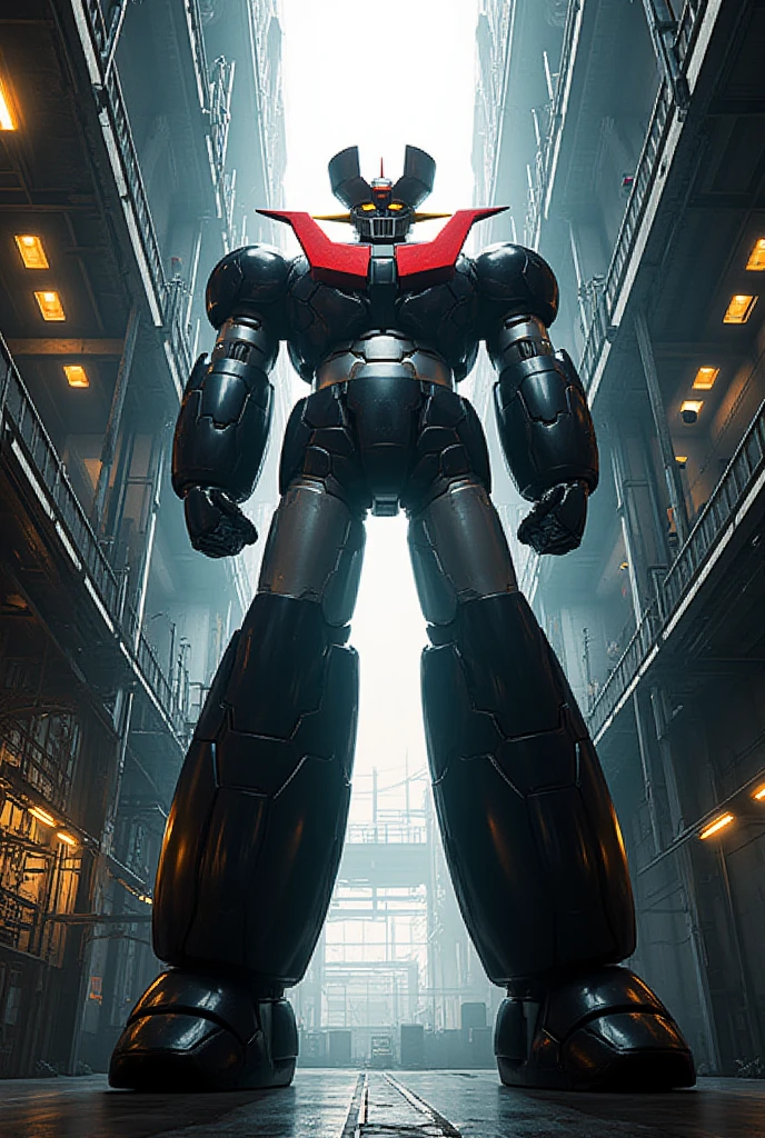 A very realistic giant version of the great hero Great Mazinger Z , Standing in a forward position at a height of 100 meters .  reactor equipment production line constructed with modern materials such as steel ,  Carbon Fiber ,  other industrial elements are also visible ,  just like the real thing ,  where high voltage current flows and emits light have been carefully recreated.  set in a modern industrial environment ,  the appearance of Mazinger Z standing around ,  illuminated by natural light 、 huge structures highlighted with realistic shadows . LED light lighting .  Installed at the Institute of Space and Space Sciences Chemical Repair Industry Production and Environmental Science Center  , Great Mazinger standing around  ,   illuminated by natural light て 、  a huge structure on the space development dock highlighted by realistic shadows . LED light factory 　