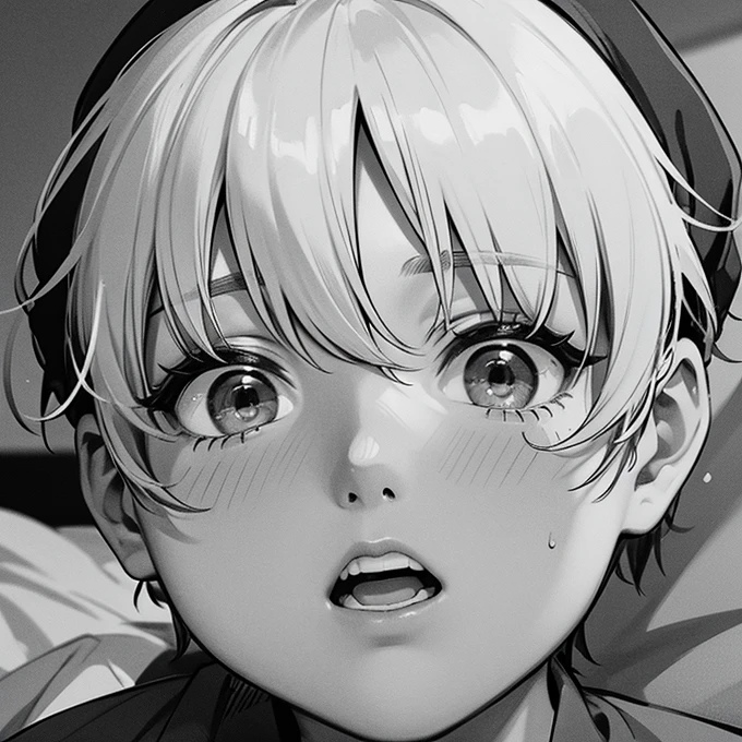  black and white、 Line Art、Close up of a boy who was surprised to get inside a futon