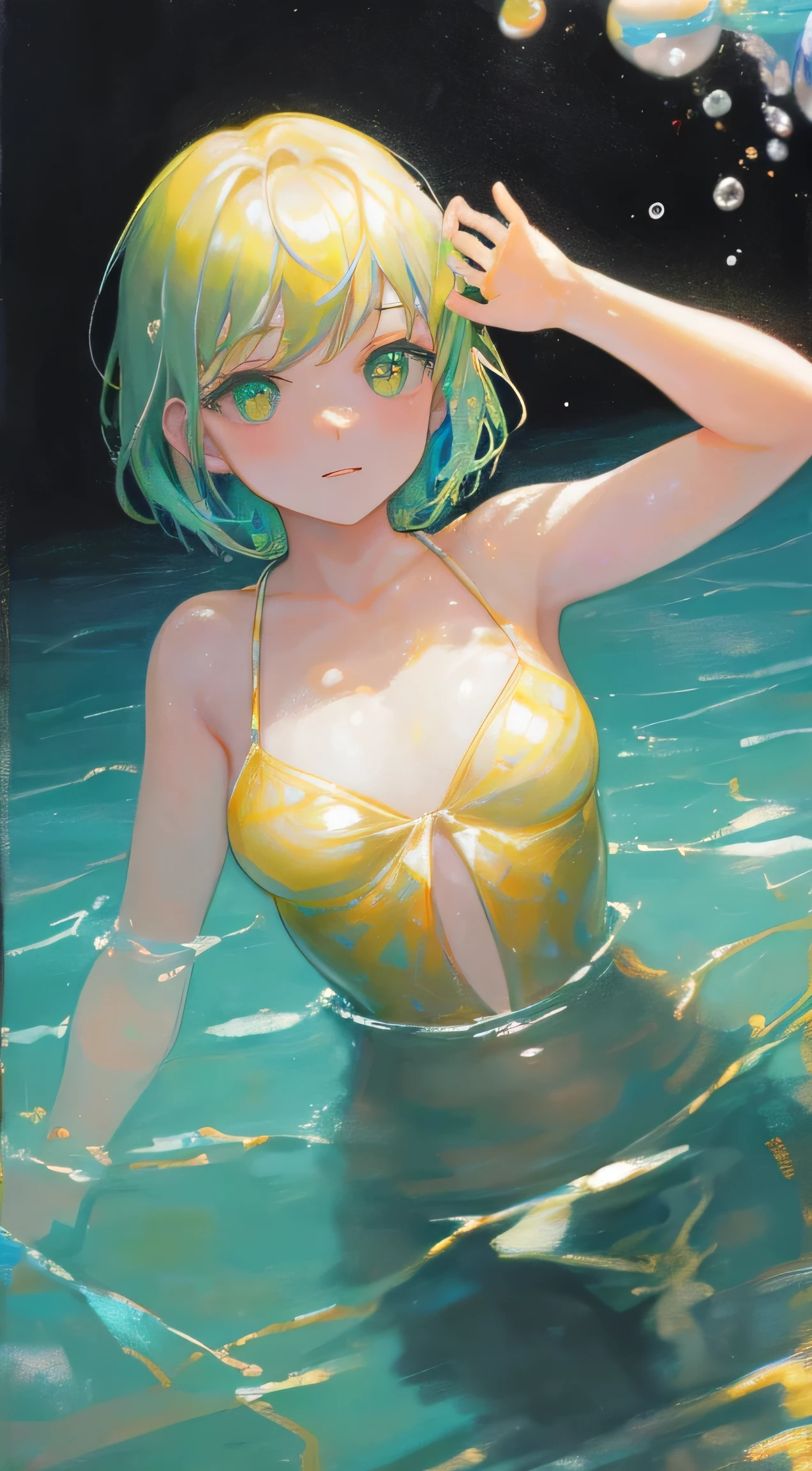 (full body, pov fine swimsuit style), (solo:2,  yo, ponytail green hair long hair sexy girl, cute yellow eyes, love smile, medium tits), (in a fringe cut-out swimsuit, exposure water love ocean), break, in the Swimsuit contest venue, background Double Exposure beautiful ocean, BREAK, perfect anatomy, masterpiece, best quality, 16k, beautiful detailed love, sexy, daydreaming expression.