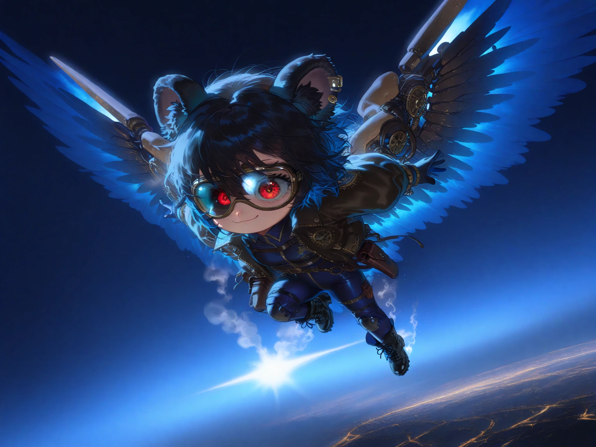 (solo:1.2),1girl\(big smile, cute, (chibi:1.4), big eye, (red eye:1.3), (black Koala ears:1.2), hair\(short hair,black hair, (inner colored blue:1.3)\), (big wings\(classical (steam-punk:1.2) mechanical wing\):1.2), (worn-out flight jacket\(top-gun\):1.2), pilot-suit, leather short boots, holster at legs, steam-punk pilot goggles, dynamic pose,(flying:1.3), at sky\). dynamic angle, longshot. BREAK .background\(high altitude sky, futuristic airplanes, futuristic cityscape.screen cap of steampunk movie\). BREAK .quality\(8k,wallpaper of extremely detailed CG unit, high resolution, top-quality, top-quality real texture skin, hyper realistic, increase the resolution, RAW photos, best quality, highly detailed, the wallpaper, golden ratio, high saturation realism, vibrant colors, dramatic lighting, persuasive storytelling, atmospheric scenery, captivating visuals, intricate details, strong emotions, dreamlike world\).(motion blur:1.3)