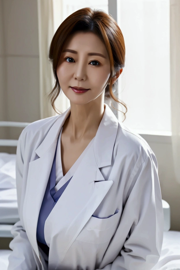 30 year old mature nurse、Nurse&#39;s white coat、Hospital room、 upper body photo