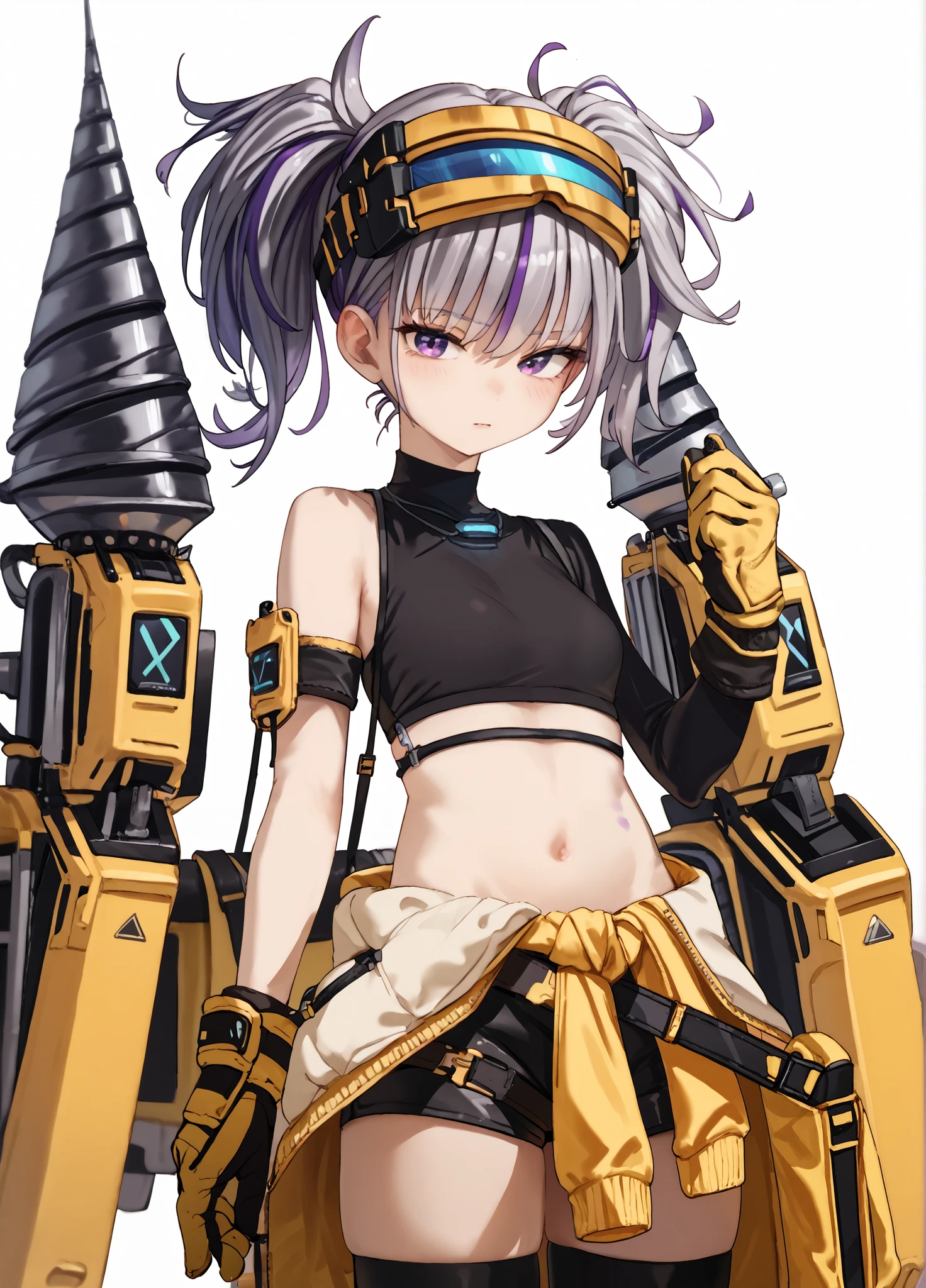 1girl, solo, cowboy shot, white background, nikkedrilley, twintails, grey hair, purple hair, purple eyes, goggles on hair, jewelry, black shirt, yellow gloves, mismatching gloves, midriff, clothes around waist, short shorts, black thighhighs, score_9, score_8_up, score_7_up, score_6_up,