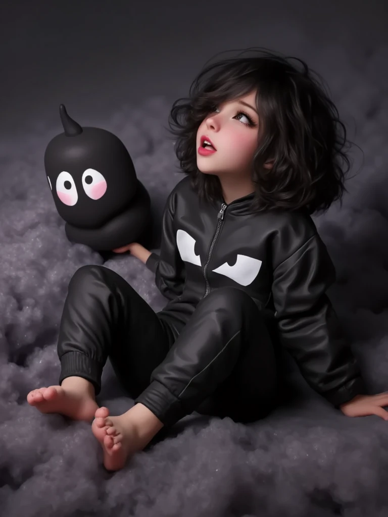 A Small Girl, wearing a Void Black color Onesie with white eye symbols on them, while she sitting on a dark cloud, looking bored and disgust, looking at viewer, a Blob like figure who is 2D and he smiling at Her, trying to get her attention, she also bare foot, dark black curly hair, hair covering one eye,