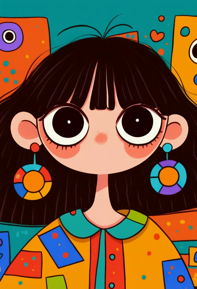 Flat wind，vector， childish art cartoon ， brunette big earrings anime girl, big eyes， Lovely expression ， bangs， minimalism，Blouse with a large collar，Patchwork，Lovely art style,  colorful! Digital illustration style, Mathematical Art.  colorful comic,   hand-drawn cartoon art style， solid color background，Black Line