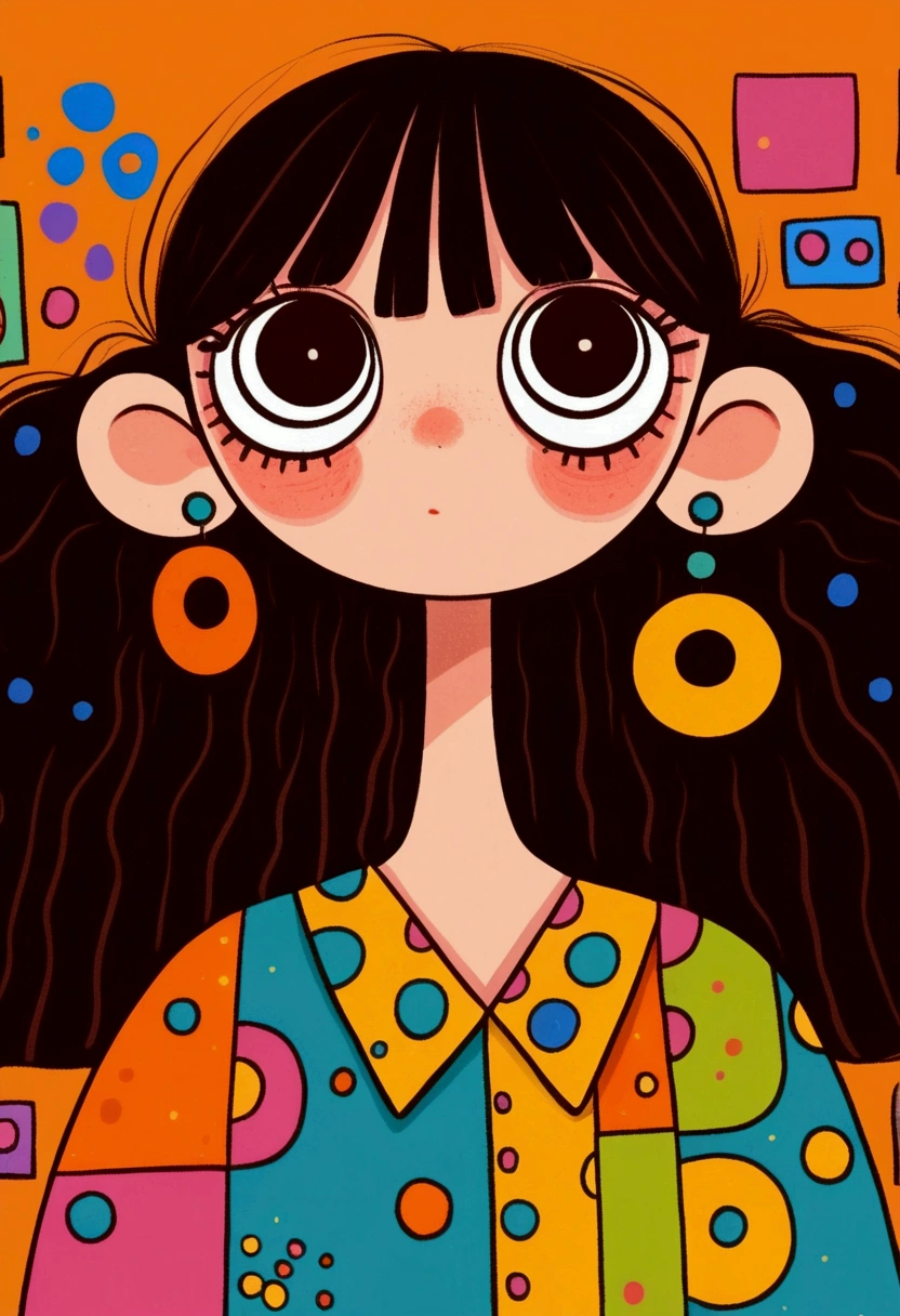 Flat wind，vector， childish art cartoon ， brunette big earrings anime girl, big eyes， Lovely expression ， bangs， minimalism，Blouse with a large collar，Patchwork，Lovely art style,  colorful! Digital illustration style, Mathematical Art.  colorful comic,   hand-drawn cartoon art style， solid color background，Black Line