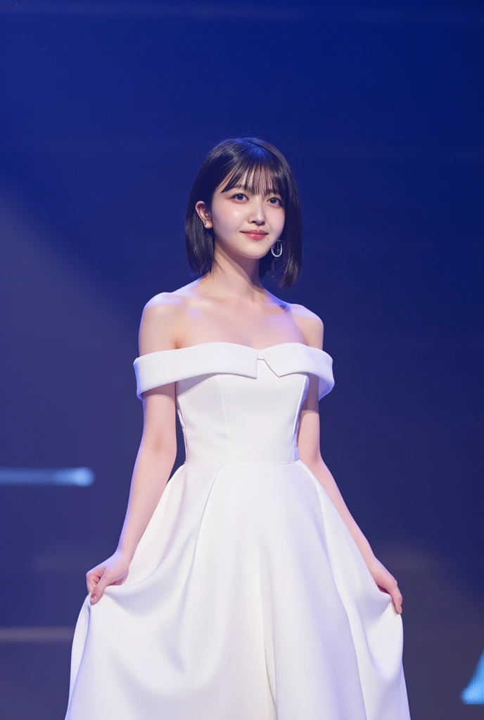 (8k、 RAW photo、 top quality 、masterpiece:1.2)、( realistic 、 realistic )、 1 girl、(( Off-the-Shoulder White Dress、 on stage、 illuminated by a spotlight、 short bob、 FRONT VIEW 、smile、 staring at the camera 、smile、 full body photo:1.5))、 cute、 small breasts、 Sing with a microphone 、Do a dance、((My skirt flutters in the wind ))