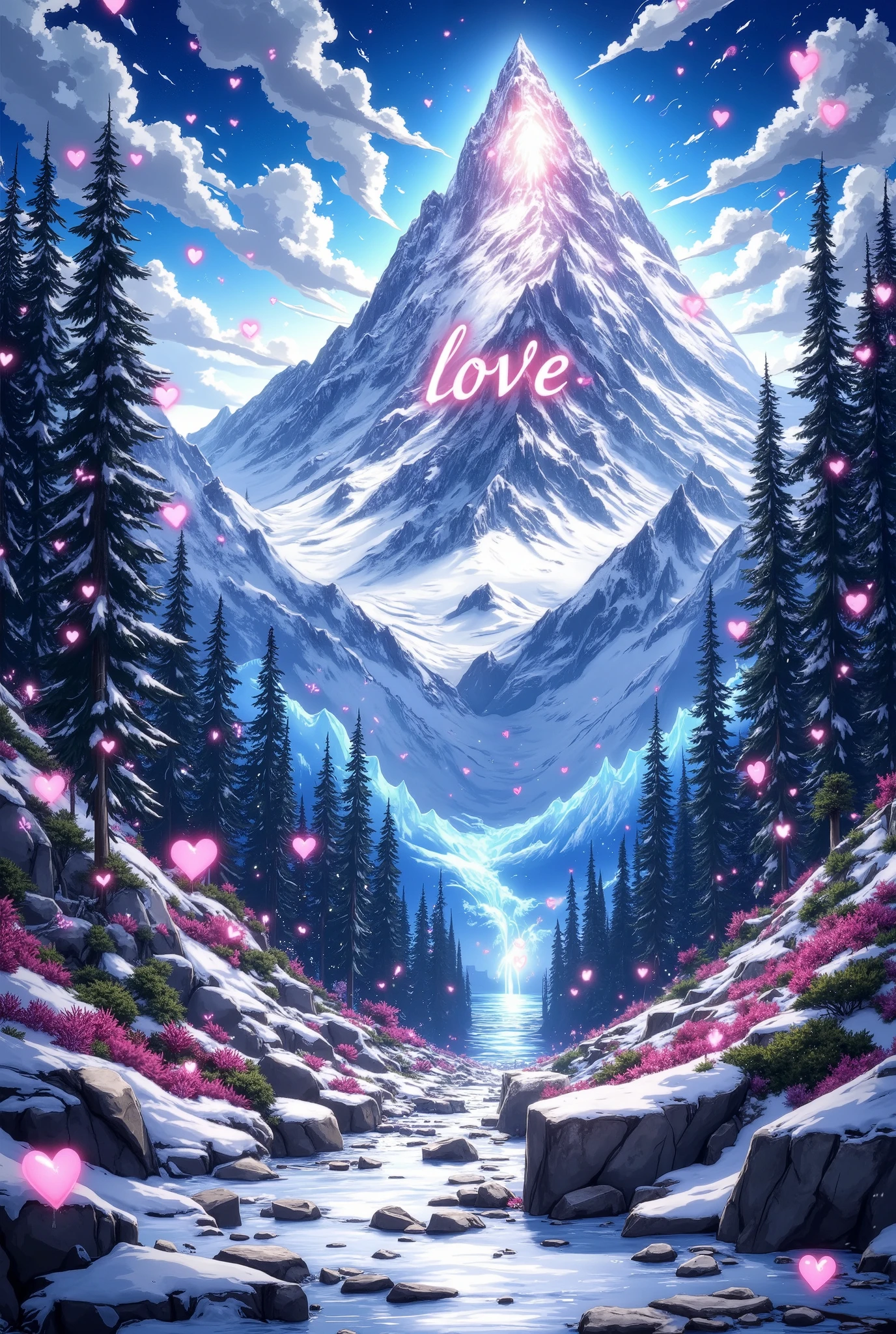  Beautiful mountain view with snow-covered forests,  big beautiful expansive view ,  beautiful snowflakes fall ,  Hearts and Big heart with text  "Love" wallpaper,  high quality ,  better quality ,  masterpiece fails, oil style , Shine, 8 k,  complex parts,  Lots of Details , fantasy,  phantesis ,