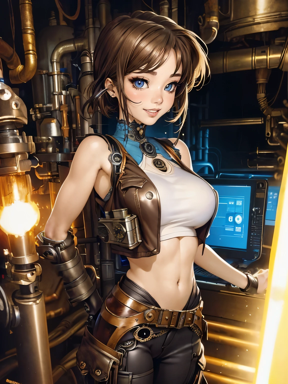 ((Seductive Anime Girl:1.2、solo:1.3))、((steampunk:1.5))、((mechanical room:1.5))、((Mechanic worker:1.5))、((Side view))、((arms behind body:1.5))、((dynamic angle:1.5))、((dynamic posing))、((KAHKI、cargo pants:1.3))、((open clothes:1.3))、((sleeveless:1.3))、((huge breasts:1.3))、((crop top navel:1.3))、((from above:1.2))、(extremely details CG, Ultra-detailed, Best Shadow:1.1)、digitial illustration、art stations、Centered、((Glossy realistic skin texture:1.2))、((shiny skin:1.2))、((absurdres:1.3))、((perfect anatomy:1.2))、art stations、masterpiece, Top image quality, Smooth texture、Sharp Focus、watercolor