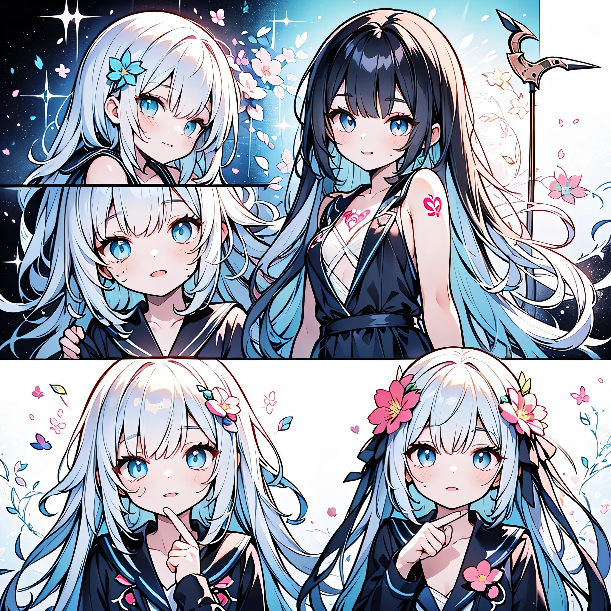 1girl, pretty face、、grim Reaper、((( Perfect Anatomy、 Dynamic best composition 、 top quality 、 Highest Masterpieces、 super detailed 、 high definition 、CG,HHD,32K))),NEW STYLE 、 Geometric Neon Color Backgrounds、 Milky White Hair Color 、Black hair ornament、((grim Reaperの黒いローブ、 black sailor suit )), Highest Resolution 、 very detailed、 RAW photo、Poster、 Coolest Poses 、 full body、 has a scythe、 Embellished Scythe 、Giant Scythe、（white long lashes 、 detailed eyes）、chaos、chaos、 Neon Color Floral Tattoos All Over、 unique hairstyle set、Star Charm 、Cute best smile 、