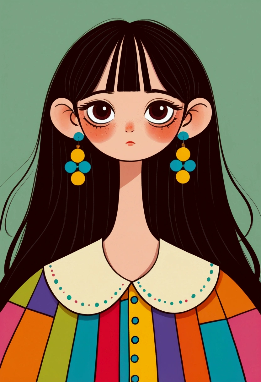 Flat wind，vector， childish art cartoon ， brunette big earrings anime girl, big eyes， Lovely expression ， bangs， minimalism，Blouse with a large collar，Patchwork，Lovely art style,  colorful! Digital illustration style, Mathematical Art.  colorful comic,   hand-drawn cartoon art style， solid color background，Black Line