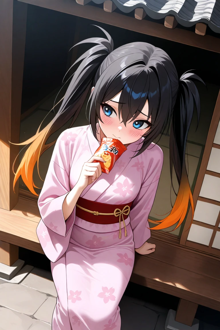  maximum resolution,  very detailed ,  Best Quality ,precise,  masterpieces , Solo,1 woman, black hair,I have twintails.,Orange gradient hair , blue eyes, black-eyed widow , Shy Face, pink yukata dress , Japanese shrine ,Holding a snack,Dark Morning , Yukata set is anatomically correct, anime images 