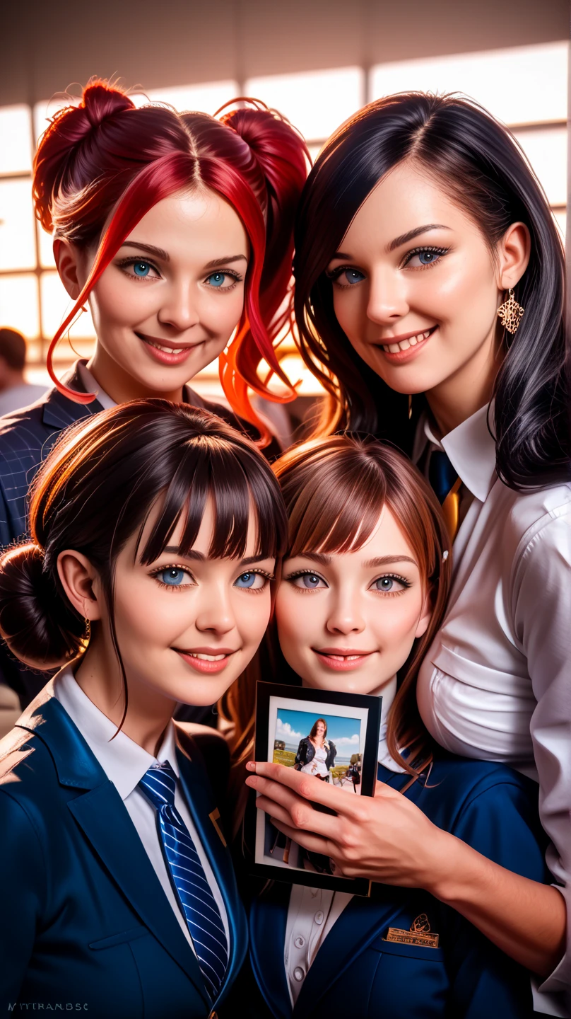 stunning identical sextuplets marching close together, in a room, 25 years old, full body, identical bodies, pale skin, athletic body, identical height, wearing green skirt suits, wearing black high heels, same faces, same hairstyle, long wavy hair, same colour hair, light brown hair, five fingers on each hand, smiling, color, realistic, sharp focus on eyes, sharp focus on nose, 8 k, high definition, insanely detailed, elegant, ultra realistic, photorealism,