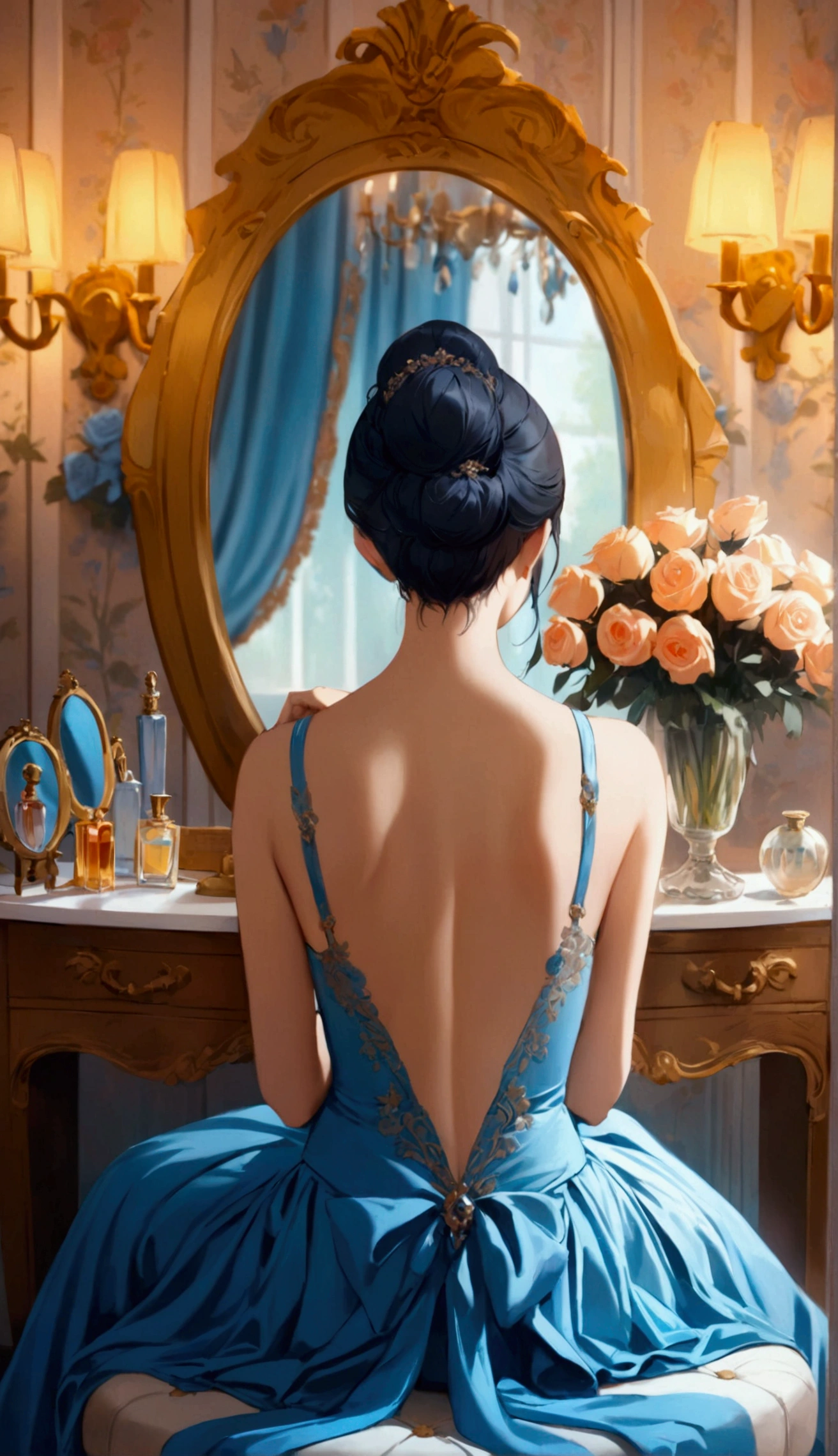 (Masterpiece, High Quality, High Definition, 4k, 8k, detail), an elegant woman sits in a plush fitting room chair, wearing an open-back dress. The room is softly lit by the warm golden light emanating from the vintage chandelier above. She is putting the final touches on her makeup, facing an elaborately decorated antique mirror. Her back is beautifully exposed, highlighted by the intricate design of the straps of her blue dress. The room is filled with delicate details: a velvet chair, an antique perfume bottle on a wooden dressing table, and a bouquet of fresh roses in a vase. The ambiance is serene and one is filled with anticipation for the grand event she is about to attend. Chic colors, cinematic
