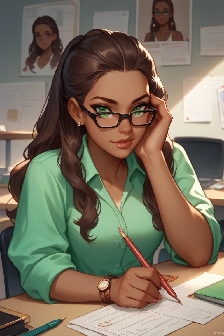 1 woman, airhead but very intelligent, mixed race Latina, olive green eyes,tan skin ,dark complexion, straightened and tied long dark brown hair,nerd, glasses, sketch style , smart ,nerd,sitting behind a desk