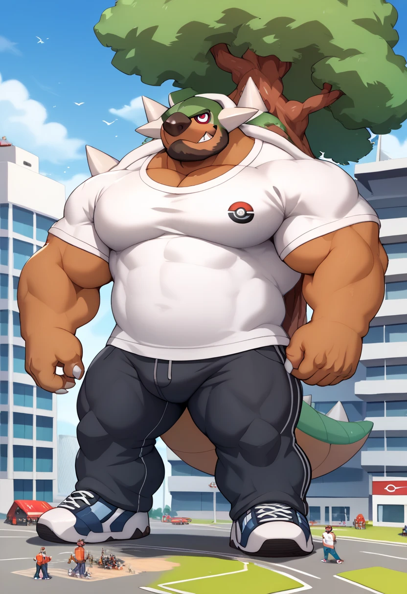 Scribble torterra face,furry(torterra),pummelig, muscular, big strong muscle,( black eyebrows :1.1),(perfect eyes), fur，alone,（artist:takemoto arashi),（jock:1.3）， standing, Sneakers，（ Black beard :1.3），（Civil :1.3, College jacket, t-shirt, pants) torterra (Massiv:3.0, ( heavyweight , strong,Macro, Emphasize, stands next to buildings,)), background (( university campus )), torterra, pokemon \(creature\), tree, red eyes, claws, spikes, short tail