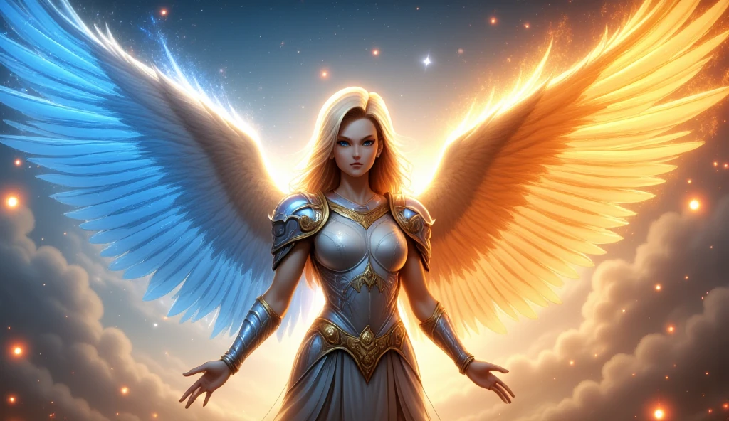 android c 18 as a holy arch angel in beautiful armor and holy magic aura with huge wings, the left wing is water wing and right wing is fire wing