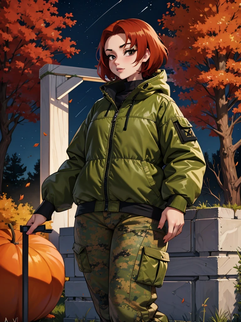 anime girl with short red hair, wearing a camouflage jacket, camouflage balaclava, camouflage pants, and army boots, forest, autumn, night