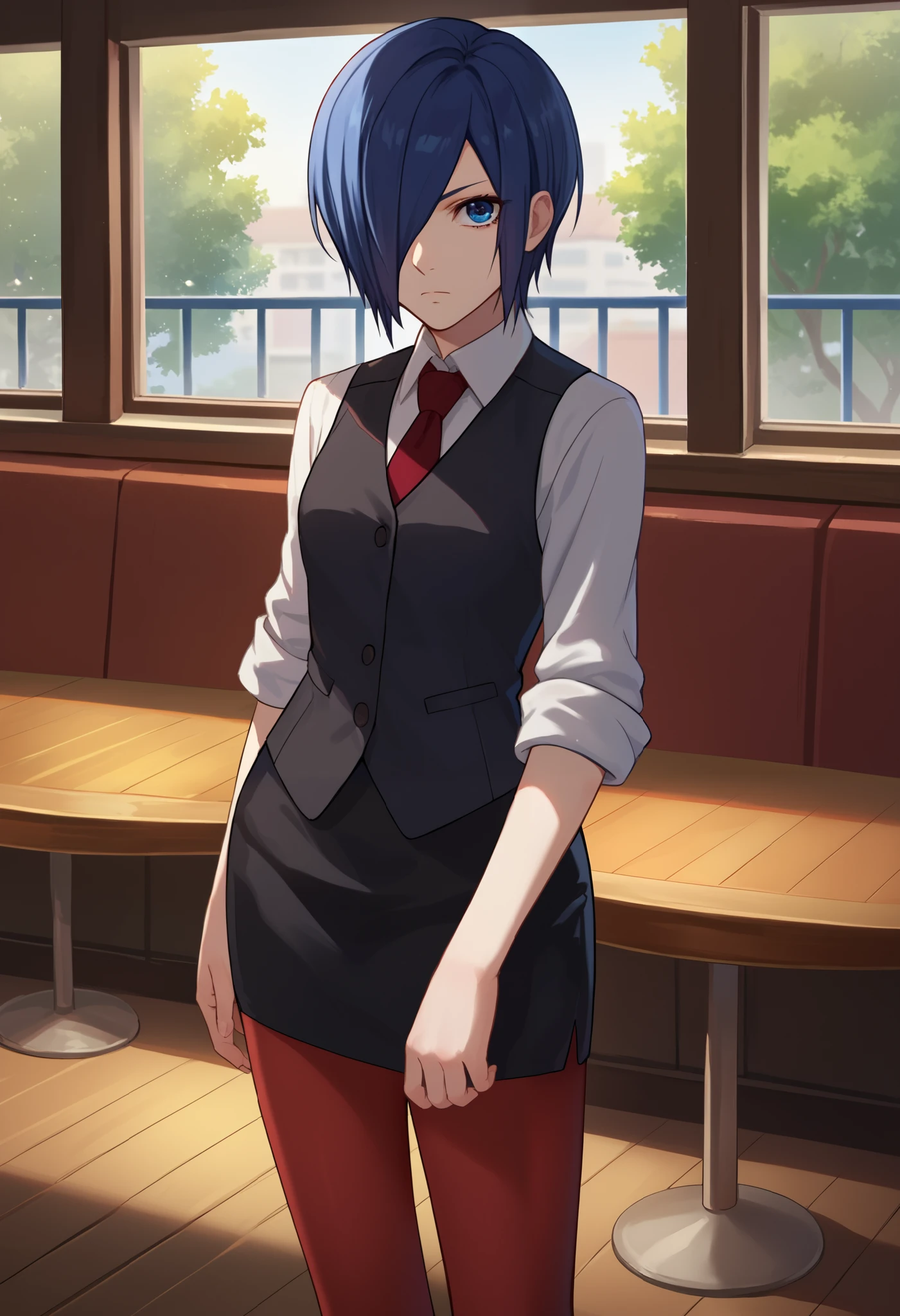 score_9, score_8_up, score_7_up, source_anime, solo, 1girl, kirishima touka, expressionless, looking at viewer, hand on hip, blue hair, hair over one eye, blue eyes, white shirt, necktie, sleeves rolled up, black vest, pencil skirt, red pantyhose, indoors, cafe 