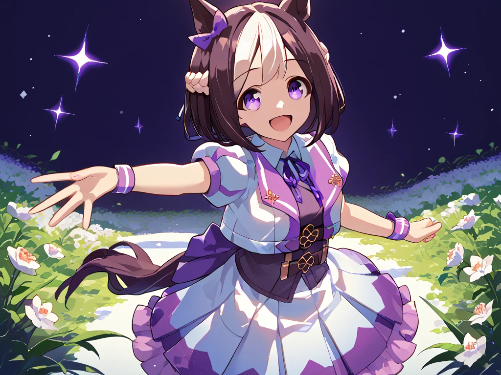 best quality, absurdres, masterpiece, 1人の女の子
special week \(Uma Musume\), 
ear bow, purple bow, puffy short sleeves, neck ribbon, blue ribbon, cropped jacket, white jacket, two-tone jacket, collared shirt, white shirt, purple vest, wristband, wrist cuffs, white skirt, pleated skirt, two-tone skirt, frilled skirt, frills,   zettai ryouiki, white thighhighs, white footwear, purple footwear, asymmetrical footwear, mismatched footwear, Durable sneakers, looking at viewer, in the field of flowers, surrounded by stars and stardust, at midnight, from front, moonlight, happy, laughing, tall, 30-year-old, adult, cute, beautiful, standing, upper body