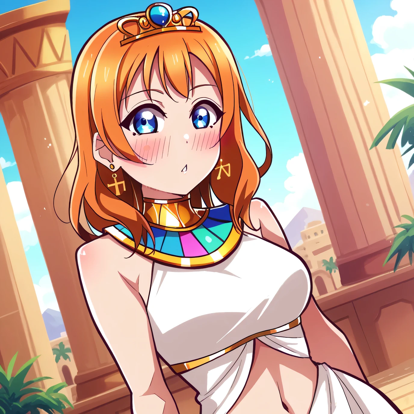 (Masterpiece, Best Quality, High Quality), anime style, love live,kousaka honoka , kousaka honoka,id_honoka_kosaka,love live, blue eyes, orange hair, 8k wallpaper, looking at viewer, earrings, outdoors, erotic figure, (blushing:1.2) , Egypt, white dress, midriff,neck ring,tiara, dbp, pharaoh pose, profile picturel