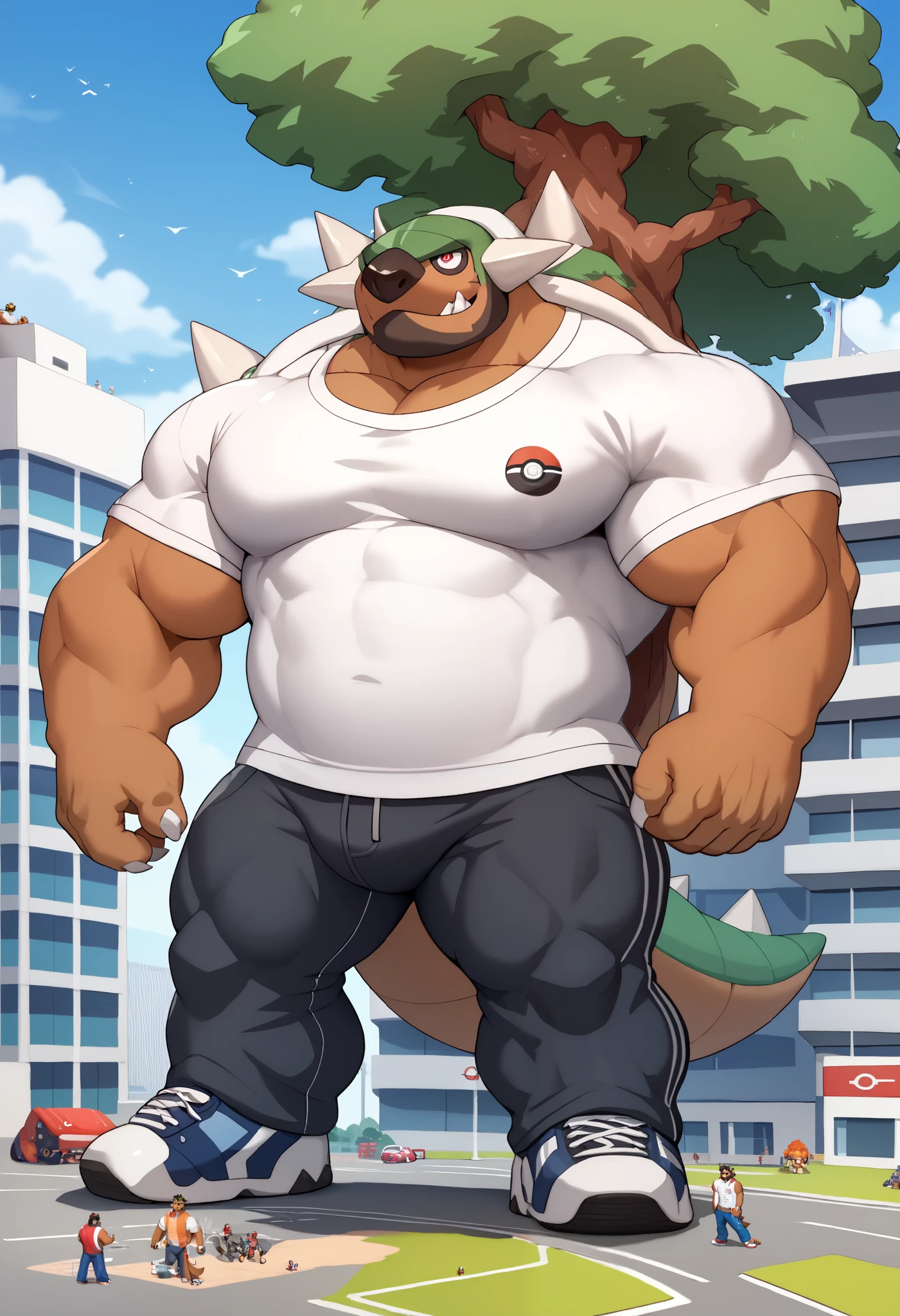 Scribble torterra face,furry(torterra),pummelig, muscular, big strong muscle,( black eyebrows :1.1),(perfect eyes), fur，alone,（artist:takemoto arashi),（jock:1.3）， standing, Sneakers，（ Black beard :1.3），（Civil :1.3, College jacket, t-shirt, pants) torterra (Massiv:3.0, ( heavyweight , strong,Macro, Emphasize, stands next to buildings,)), background (( university campus )), torterra, pokemon \(creature\), tree, red eyes, claws, spikes, short tail